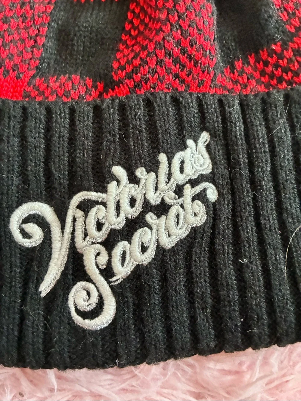 Victoria's Secret Black & Red Pom-Pom Kids Beanie
